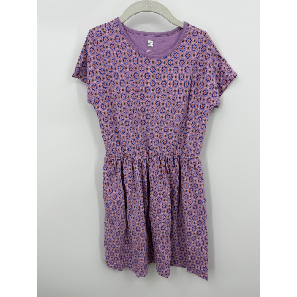Tea Collection Korean tile Dress Kids Size 8 Purple Short Sleeve Cotton Jersey